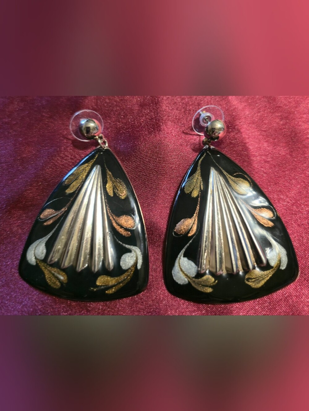 Pair Of 80's Art Deco Revival Fluted Drop Earrings